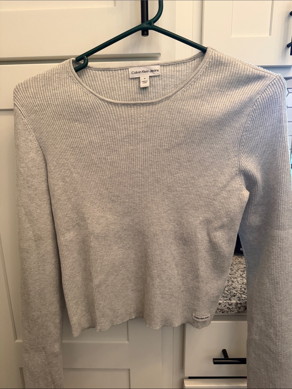 Calvin Klein Jeans Light Gray Ribbed Long Sleeve Crewneck Top